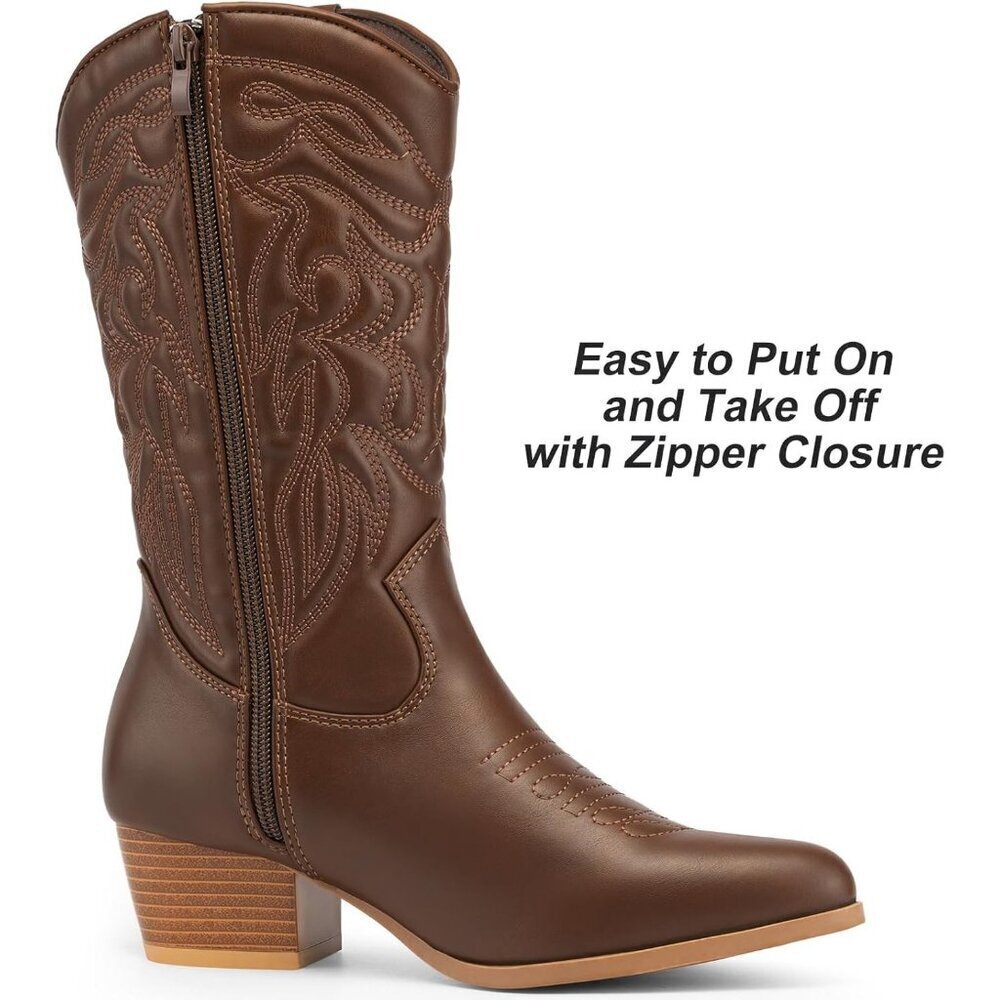 Dodow Women's Brown Pointed Toe Zipper Western Cowgirl Pu Mid Calf Boots - Picture 2 of 6